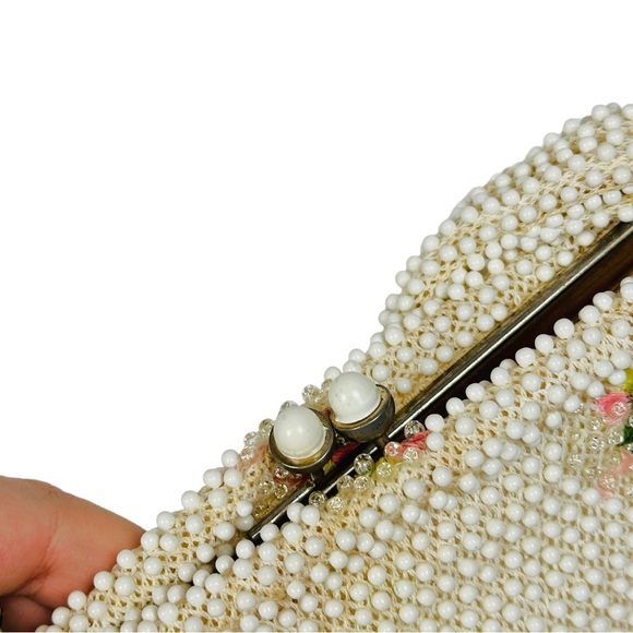 Lumured 1950s Corde Beaded Floral Embroidered Mini Bag Clutch Purse Cream Pink - Picture 9 of 15